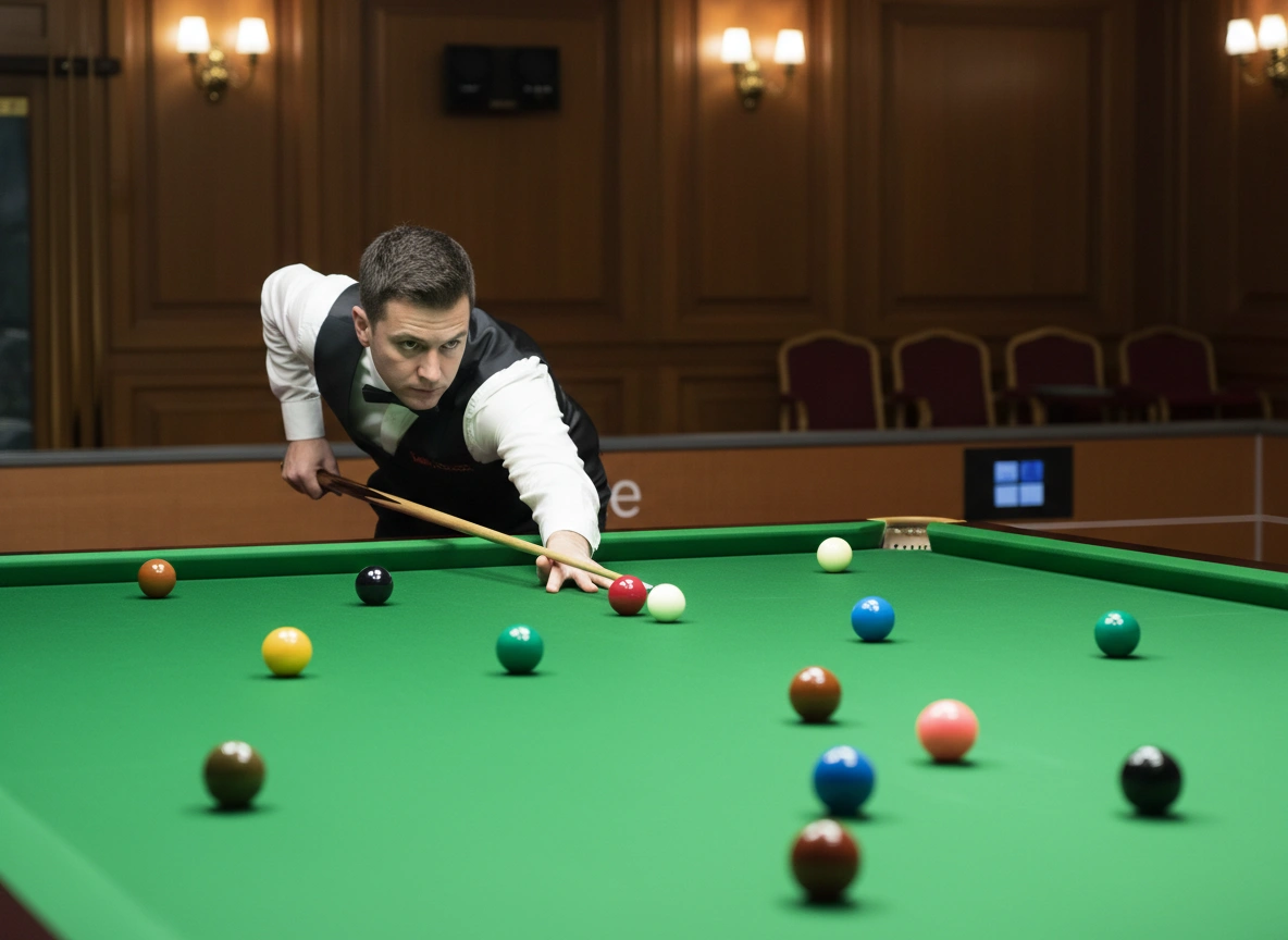 Zwei Snooker-Spieler konzentriert am grünen Turniertisch.