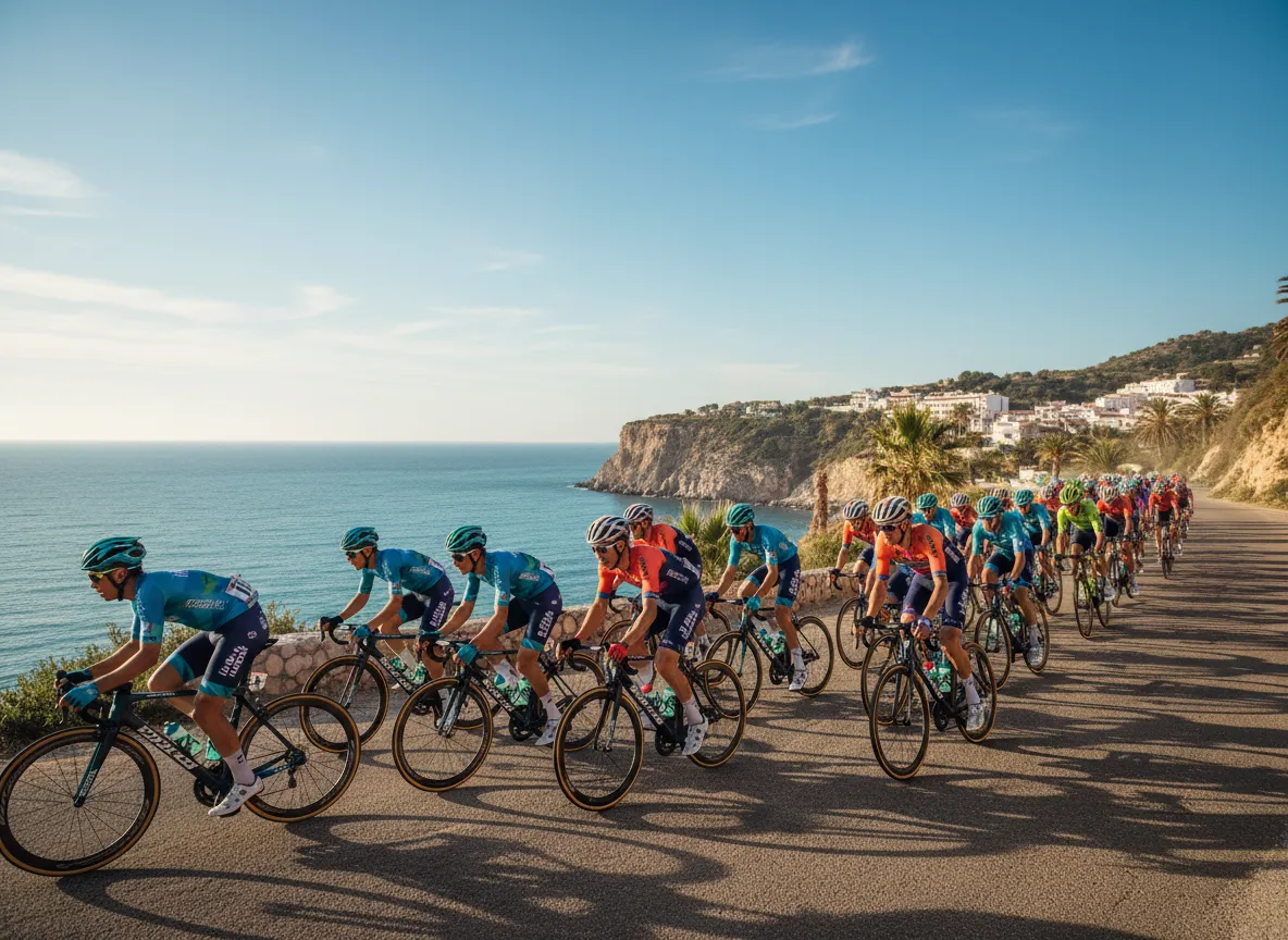 Ein Peloton aus Radrennfahrern auf einer anspruchsvollen Bergetappe.